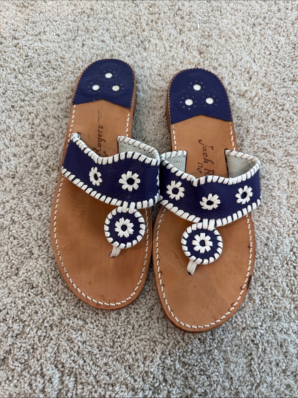 Jack Rogers Navy and Tan Leather Sandal Thong Slides